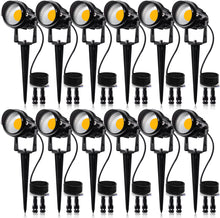Load image into Gallery viewer, SUNVIE 12W Low Voltage LED Landscape Lights with Connectors, Outdoor 12V Super Warm White (900LM) Waterproof Garden Pathway Lights Wall Tree Flag Spotlights with Spike Stand (12 Pack with Connector)
