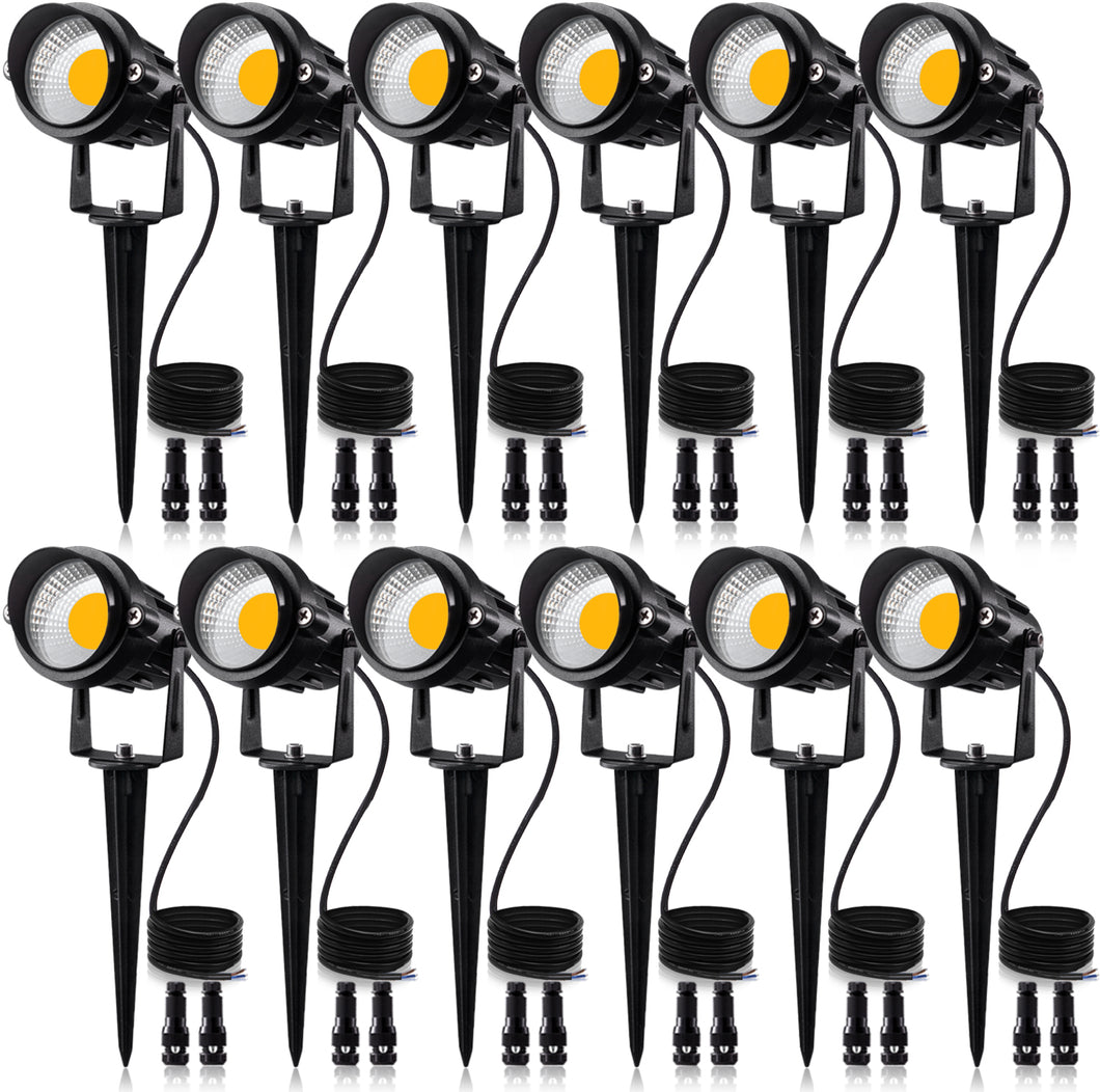 SUNVIE 12W Low Voltage LED Landscape Lights with Connectors, Outdoor 12V Super Warm White (900LM) Waterproof Garden Pathway Lights Wall Tree Flag Spotlights with Spike Stand (12 Pack with Connector)