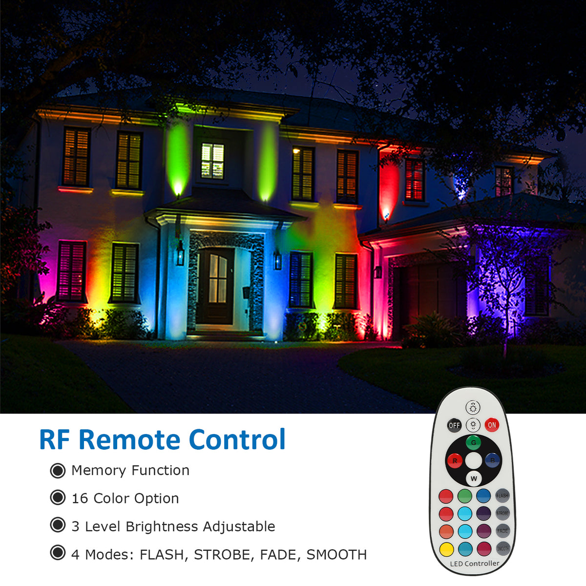 6 RGB LED Landscape Spot Lights Kit with Low Voltage Transformer -  Bluetooth and RF Remote Control