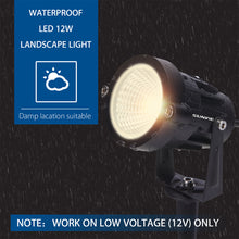 Load image into Gallery viewer, SUNVIE 12W LED Landscape Lights Low Voltage (AC/DC 12V) Waterproof Garden Pathway Lights Super Warm White (900LM) Walls Trees Flags Outdoor Spotlights with Spike Stand (8 Pack)

