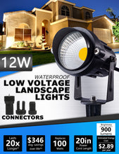 Load image into Gallery viewer, SUNVIE 12W Low Voltage LED Landscape Lights with Connectors, Outdoor 12V Super Warm White (900LM) Waterproof Garden Pathway Lights Wall Tree Flag Spotlights with Spike Stand (12 Pack with Connector)

