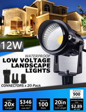 Load image into Gallery viewer, SUNVIE 12W Low Voltage LED Landscape Lights with Connectors, Outdoor 12V Super Warm White (900LM) Waterproof Garden Pathway Lights Wall Tree Flag Spotlights with Spike Stand (10 Pack with Connector)
