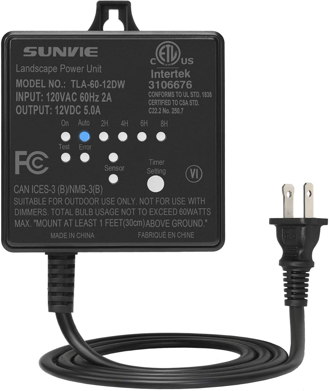 SUNVIE Low Voltage Transformer 60W Landscape Lighting Power Supply with Photocell Sensor and Timer for Outdoor Spotlight Floodlight Garden Pathway Path Lights 120V AC to 12V DC (ETL Listed)