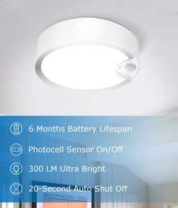 SUNVIE Motion Sensor Ceiling Light Battery Operated Indoor/Outdoor LED Battery Powered Ceiling Light 300LM for Hallway Bathroom Stairs Basement Warehouse with Photocell Sensor ON/Off