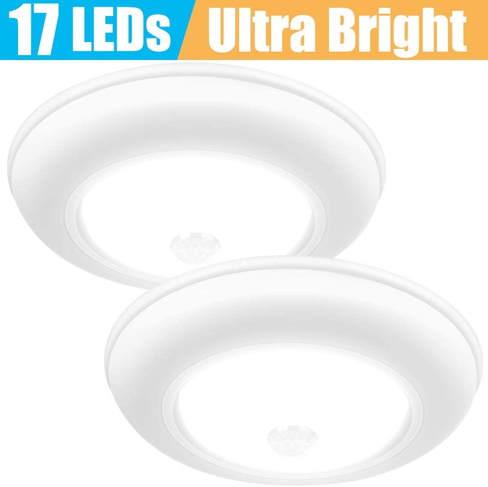 Motion Sensor Ceiling Light Battery Operated, SUNVIE Wireless Motion Sensing Activated LED Closet Light Warm White Indoor for Stairs, Hallway, Garage, Bathroom, Cabinet (Bright White, 2 Pack)