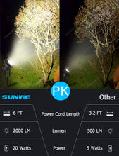 Load image into Gallery viewer, SUNVIE 20W Outdoor Spotlight LED Landscape Lighting 120V AC Waterproof Yard Spot Lights Outdoor with Stake for Tree Flag Lights 3000K Ultra Warm White Lawn Decorative Lamp with US 3-Plug in (2 Pack)
